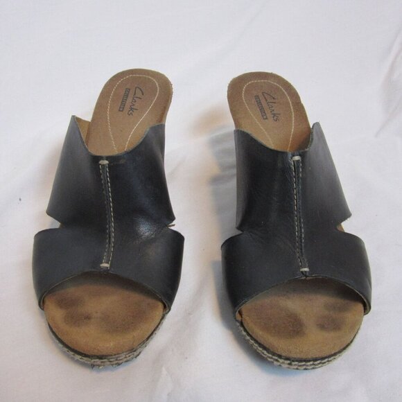 Clarks Collection Soft Cushion Black Leather Slip-On Cork Wedge Heel Sandals 9.5 - Picture 2 of 9